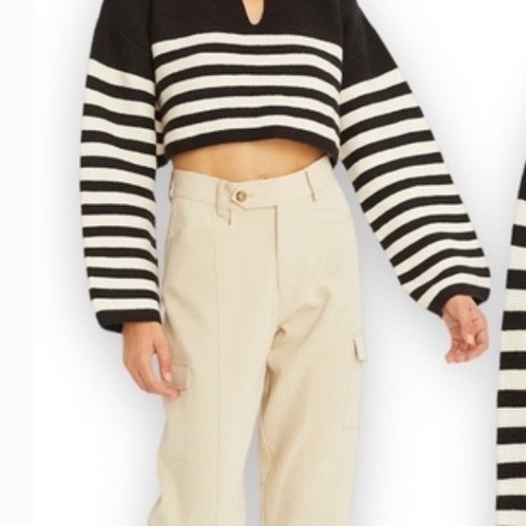 Crescent Striped Cropped Knit Polo Sweater in Black and White - Picture 2 of 5